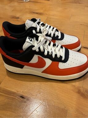 Nike Men’s Air Force One Low-Top Sneakers in White, Black & Orange